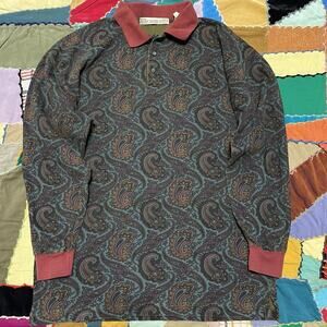 Vintage John Ashford Dark Floral Printed Long Sleeve Polo Medium